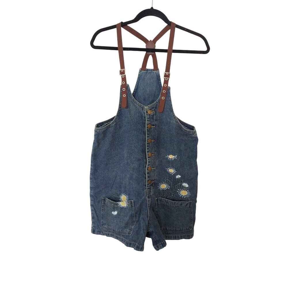 Romwe Denim Floral Embroidered Romper Shorts Size L Adjustable Straps New-lp